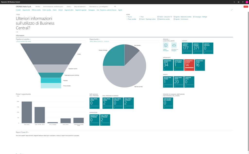 Dashboard del software di gestione aziendale Microsoft Dynamics 365 Business Central.